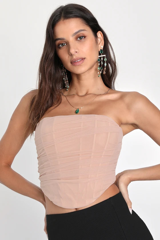 Beige Mesh Strapless Bustier Crop Top Y2K Fashion Y2K Outfits Neutral Outfit Ideas Outfit Inspo | Lulus (US)