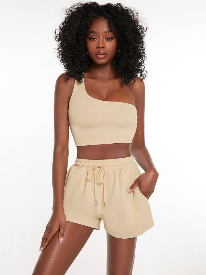 evoluSHEIN Solid One Shoulder Crop Top & Track Shorts | SHEIN