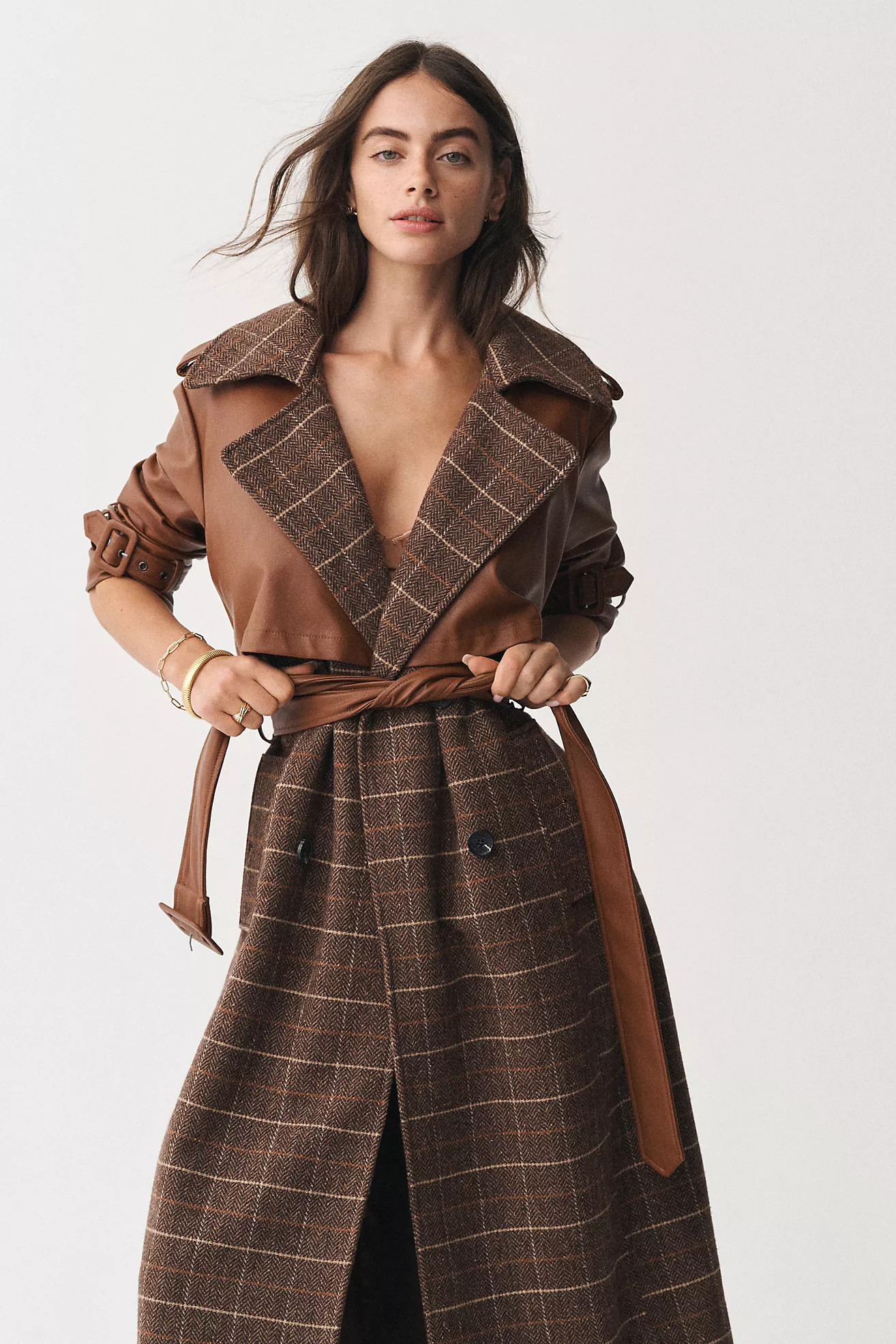 Avec Les Filles Plaid Faux-Leather Belted Trench Coat | Anthropologie (US)