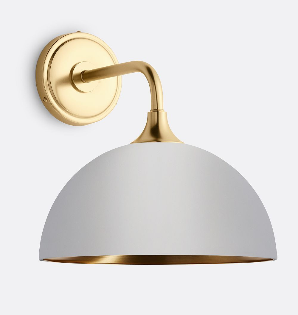 Poplar Sconce, Painted Metal Shades - Aged Brass - 12"" Matte Dove Grey with Brass Interior Dome Shade | Rejuvenation