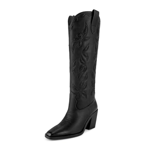ISNOM Black Knee High Cowboy Cowgirl Boots for Women - Womens Western Country Tall Long Cowgirl Cowboy Boots with Almond Toe Square Toe for Party Holiday Travel Size 10 | Amazon (US)