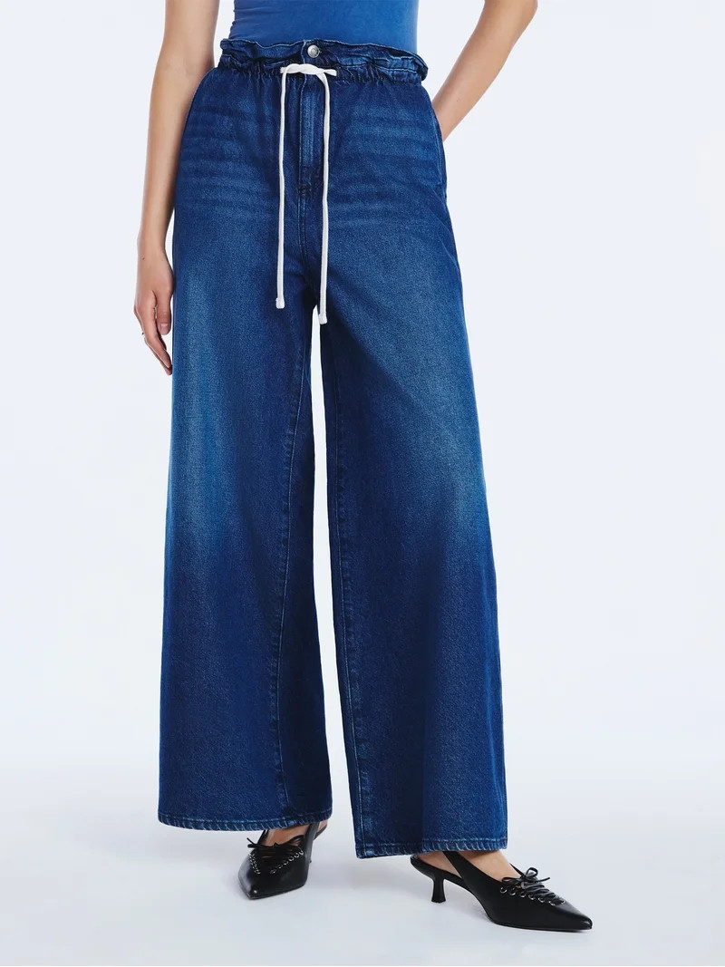 Scoop Women's Paperbag Waist Wide Leg Cotton Pants, Regular, Short and Long Inseams, Sizes XS-XXL | Walmart (US)