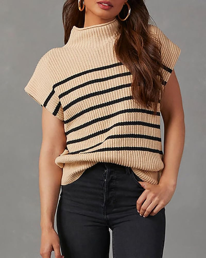 Women Mock Neck Sleeveless Sweater Vest Casual Trendy Striped Cap Sleeve Ribbed Knit Pullover Tank T | Amazon (US)