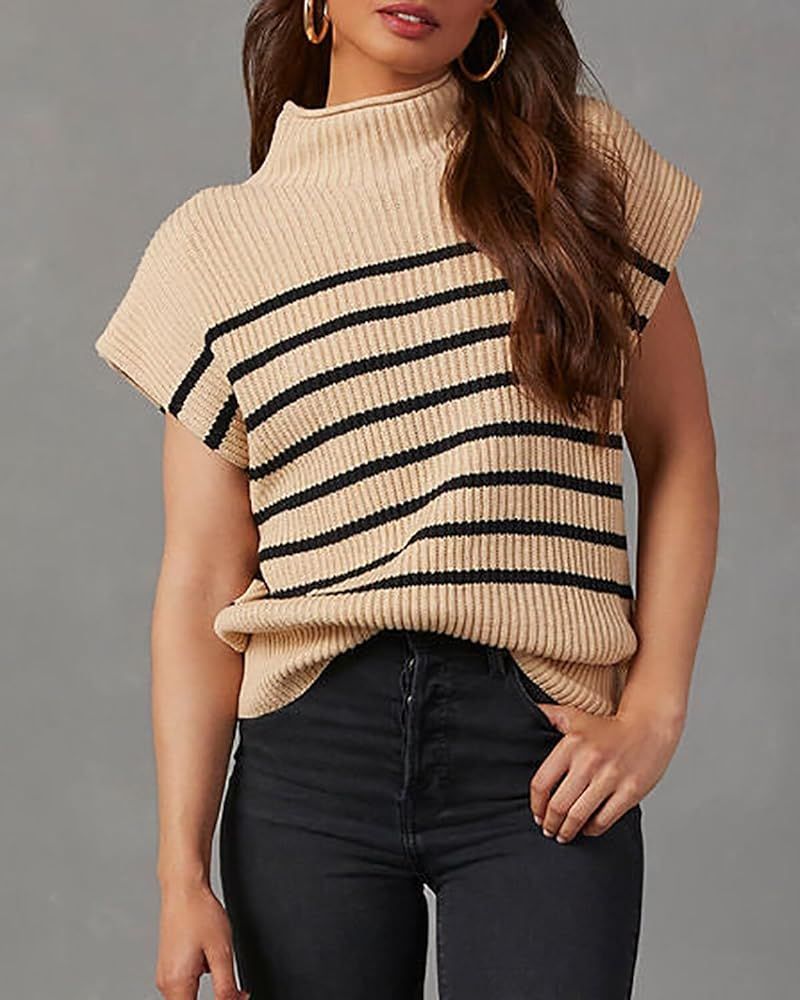 Women Mock Neck Sleeveless Sweater Vest Casual Trendy Striped Cap Sleeve Ribbed Knit Pullover Tank T | Amazon (US)