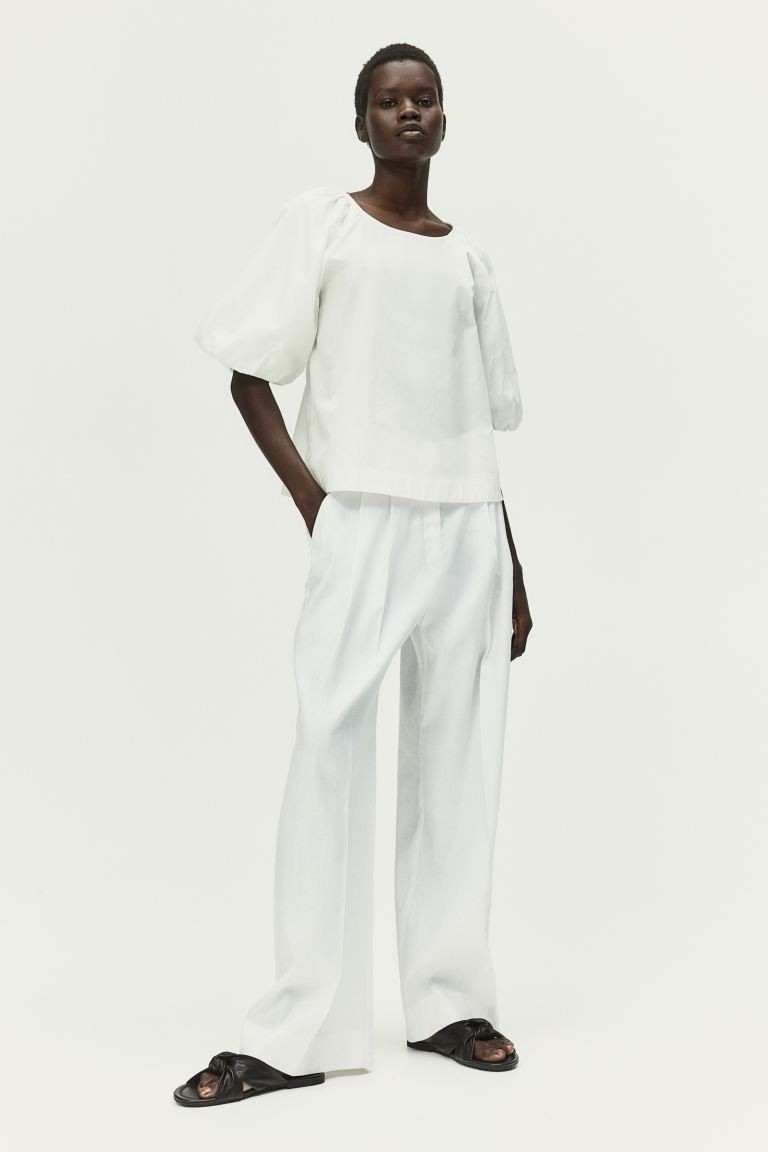Puff-sleeved Blouse - Round Neck - Short sleeve - White - Ladies | H&M US | H&M (US + CA)