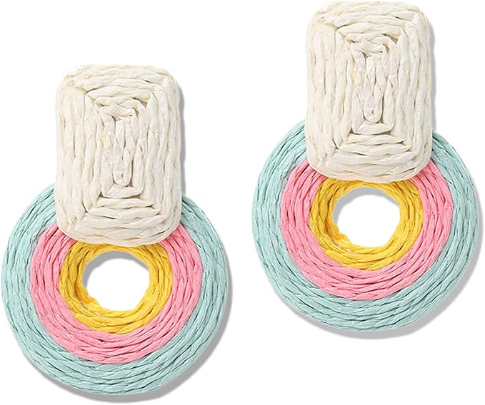 Statement Round Earrings - Boho Geometric Dangle Earrings Handmade Straw Braid Raffia Earrings Fo... | Amazon (US)