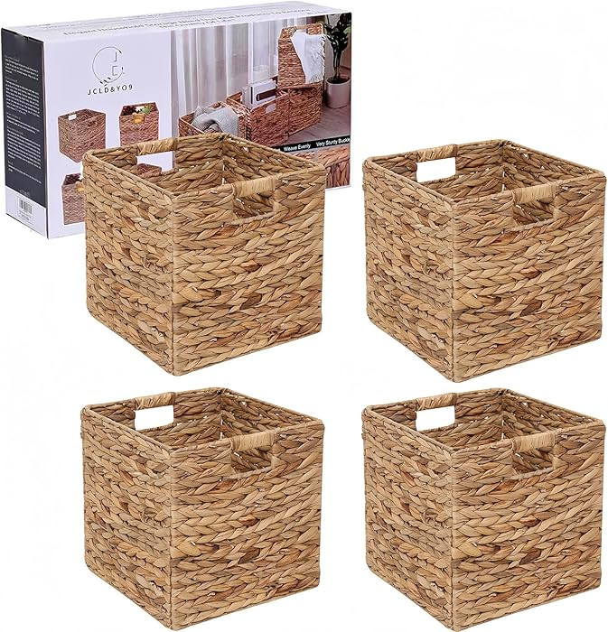 12x12in Storage Baskets Set of 4 Water Hyacinth Baskets,Foldable Handwoven Storage Cubes,Wicker C... | Amazon (US)