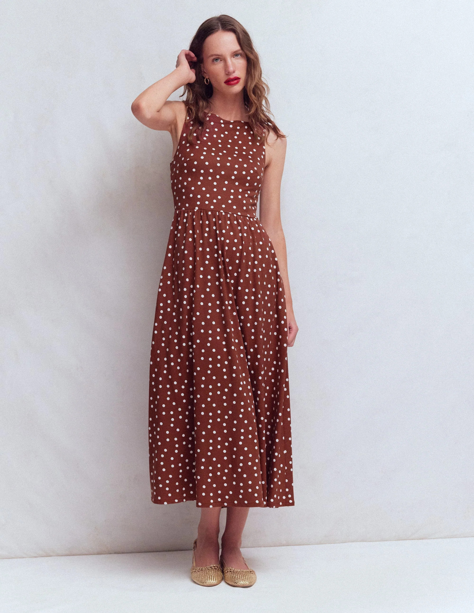 Saoirse Smocked Jersey Dress-Roasted Brown, Painted Dot | Boden UK
