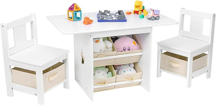Kids Table and Chair Set (2 Chairs Included), Wooden Toddler Table and Chairs Set with 6 Storage ... | Amazon (US)