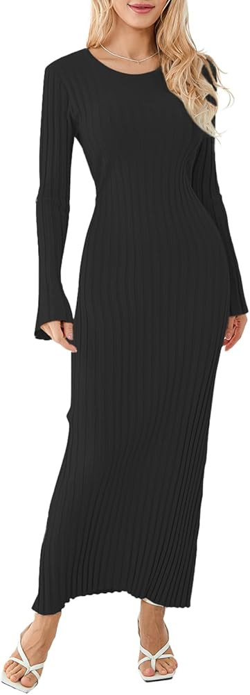 Bowanadacles Women Casual Knitted Maxi Dress Solid Color Long Sleeve Round Neck Ribbed Long Dress... | Amazon (US)