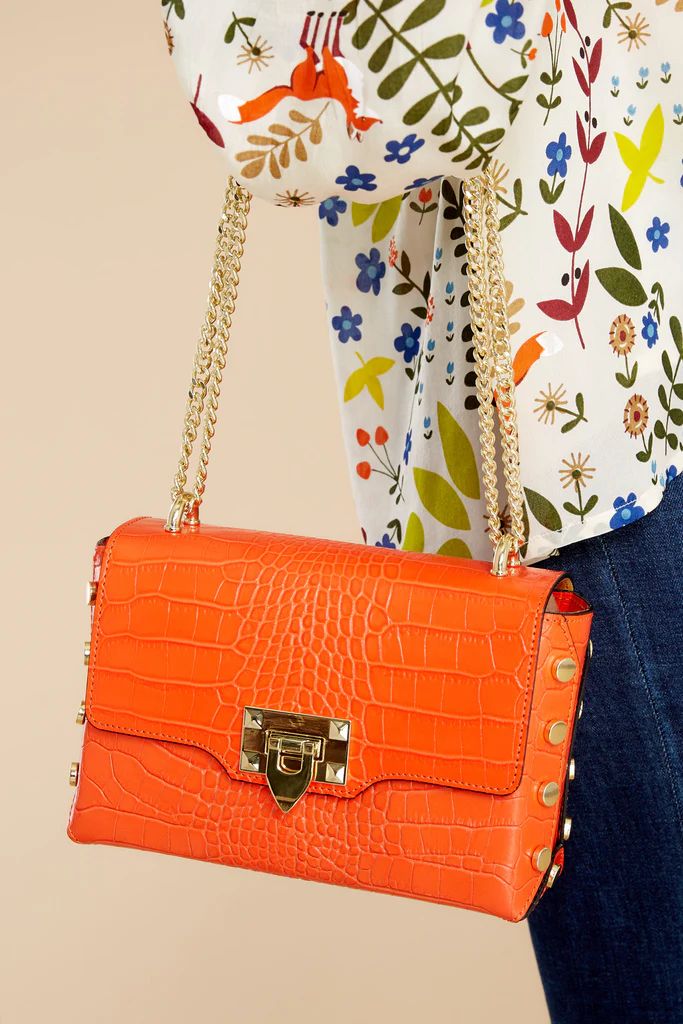 Embellished Edge Orange Snake Print Studded Bag | Red Dress 