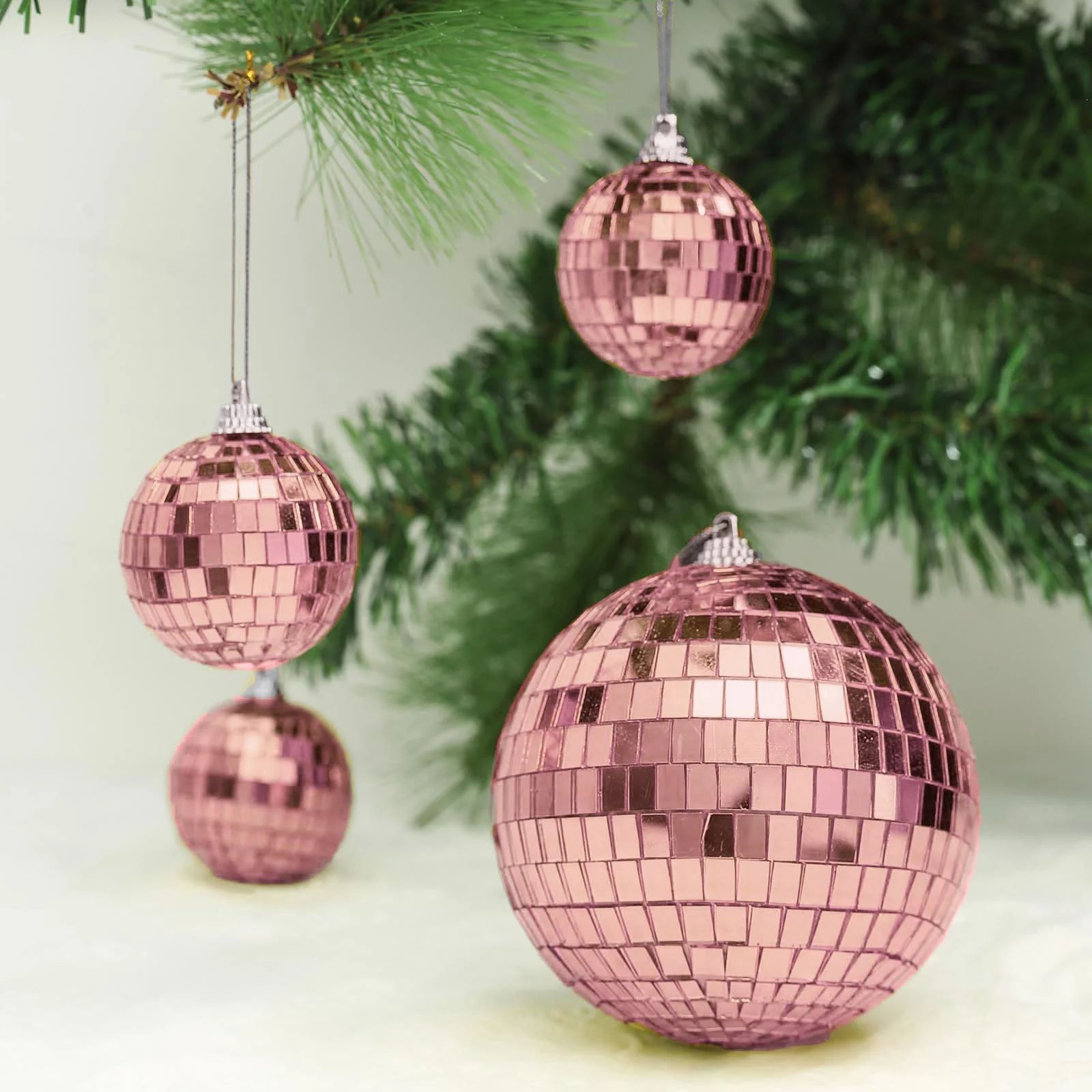 Efavormart 4 Pcs 4" Rose Gold Glass Mirror Disco Ball with Hanging String Christmas Ornaments | Walmart (US)