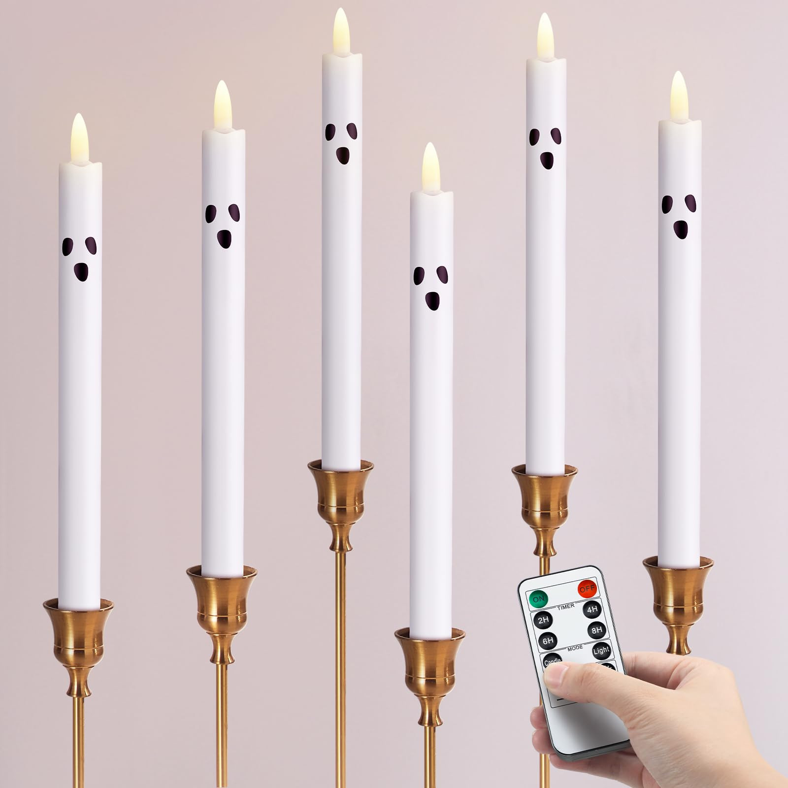 6 Pack Halloween Ghost Flameless Taper LED Candles 10 Inch Ghost Battery Operated LED Flickering ... | Amazon (US)