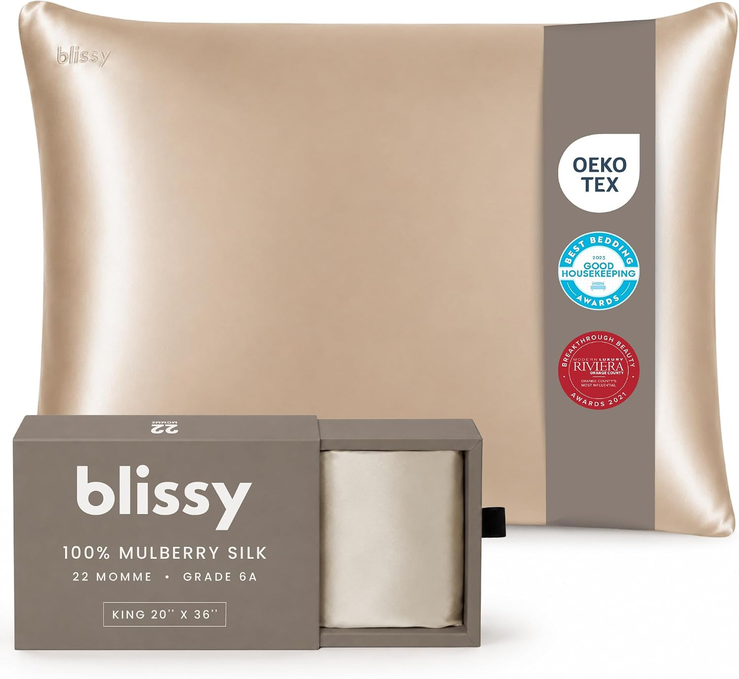 Blissy Silk Pillowcase - 100% Pure Mulberry Silk - 22 Momme 6A High-Grade Fibers - Silk Pillow Cover for Hair & Skin - Regular, Queen & King (Champagne, King) | Amazon (US)