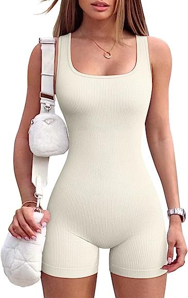 OQQ Women's Yoga Rompers Ribeed Workout Square Neck Tank Tops Sleeveless Exercise Romper | Amazon (US)