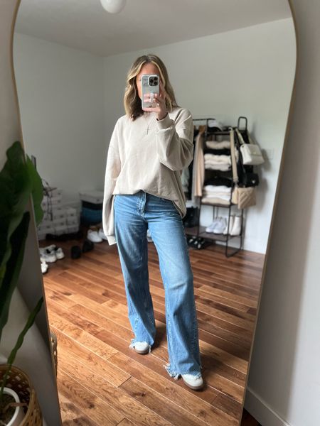 Spring outfit. Spring outfit idea. Summer outfit. Summer outfit idea. Oversized sweatshirt. Wide leg jeans. Baggy jeans. 90’s jeans. Basic mom outfit. Casual outfit idea. Casual outfit. Everyday outfit. Mom outfit. 

#LTKSeasonal #LTKFindsUnder100 #LTKFindsUnder50