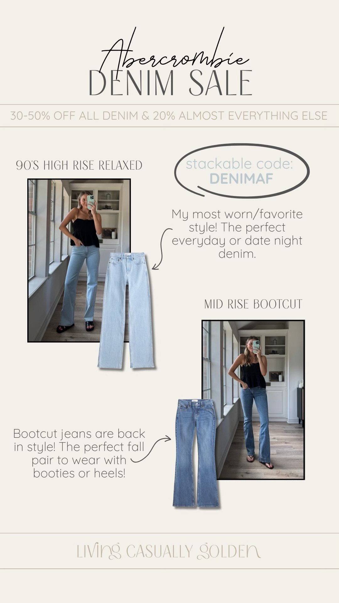 #abercrombiepartner @abercrombie bootcut jeans are back in style + perfect for fall, and the high rise 90s relaxed have been my personal fave for years! All jeans are currently 30-50% off, 20% off almost everything else, and code DENIMAF stacks for an additional 15% off. Offer valid in stores and online August 6, 2025 to August 11, 2025 in US/CA. Excludes clearance. Online price reflects discount.

I’m wearing a M in the tank and 26L in the jeans

#LTKSaleAlert #LTKStyleTip #LTKautumn