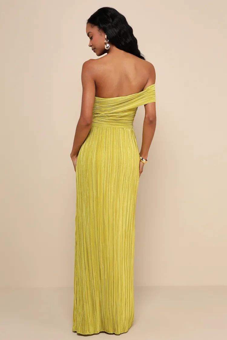 Poised Performance Chartreuse Plisse One-Shoulder Maxi Dress | Lulus