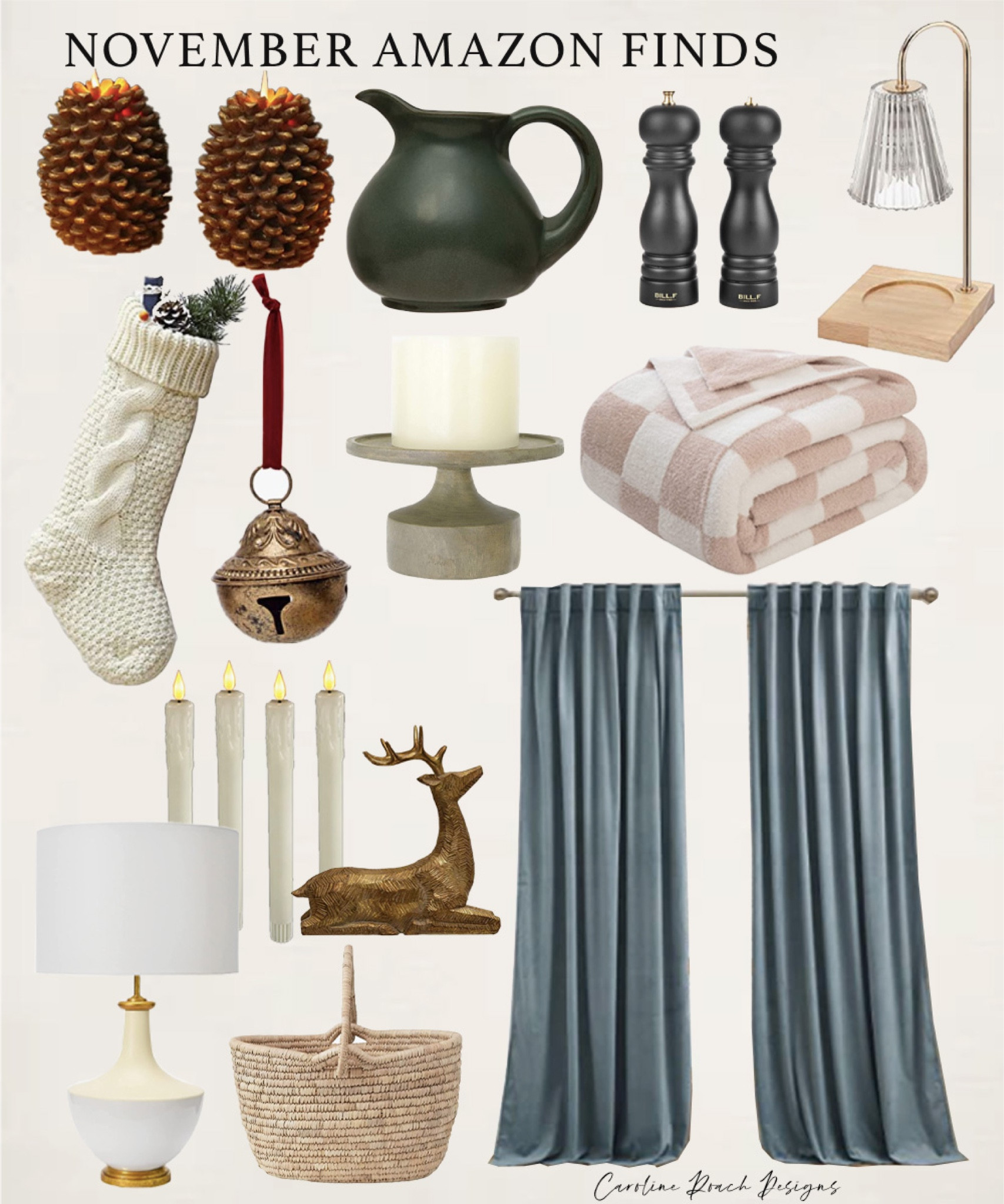 Amazon home 
Amazon finds
Blackout drapes
Room darkening
Curtains
Frameless candles
Knit stocking
Black salt and pepper grinder
White table lamp
Gold reindeer
Gold Christmas decor
Green pitcher
Warming candle lamp
Candle warmer 
Barefoot dreams dupe

#LTKHoliday #LTKSeasonal #LTKhome