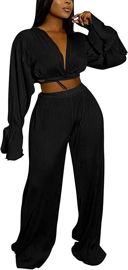 Women 2 Piece Pleated Outfits Casual Boho Trendy Muse Shirt Wide Leg Pants 90s Solid Daily Suit | Amazon (US)
