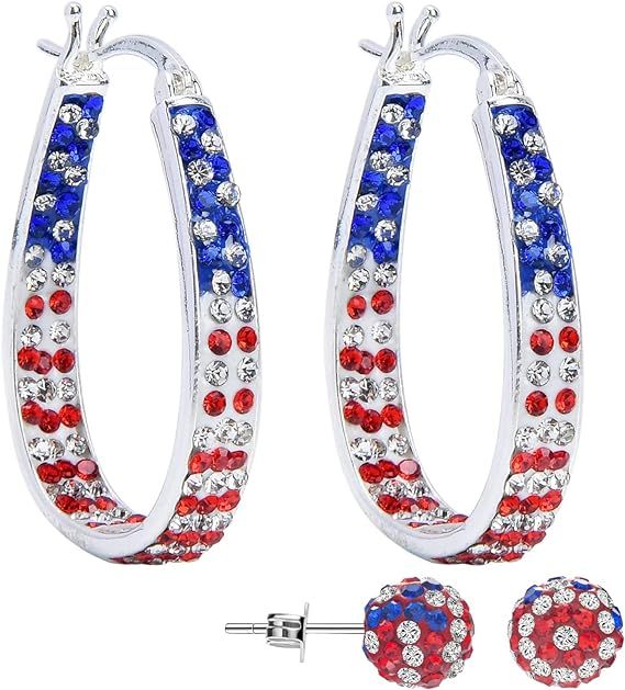 Crystal Hoop Earrings For Women Sparkly Earring Bright Silver Plated Oval Inside Out Earring Jewe... | Amazon (US)