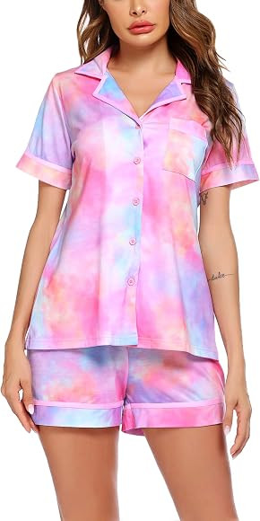 Ekouaer Women's Summer Pajama Set Short Sleeve Tie Dye Print Tee and Shorts Button Down Pajama Se... | Amazon (US)
