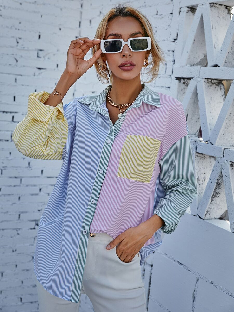 Franclia Striped Print Colorblock Drop Shoulder Blouse,Ladies Casual Button,Pocket Long Sleeve Co... | SHEIN