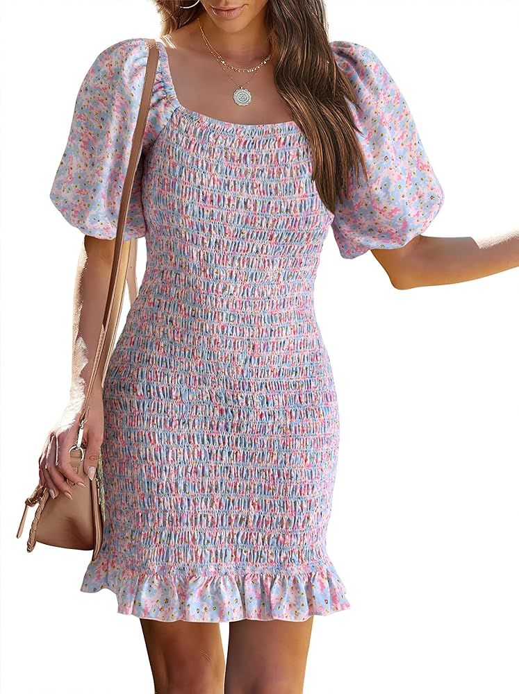 Pretty Garden Womens Square Neck Floral Print Smocked Dress Short Puff Sleeve Bodycon Summer Mini... | Amazon (US)