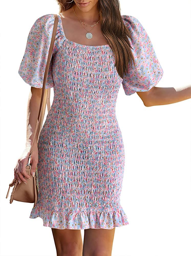 PRETTYGARDEN Women's 2024 Summer Floral Puff Sleeve Mini Dress Square Neck Ruffle Hem Bodycon Dre... | Amazon (US)