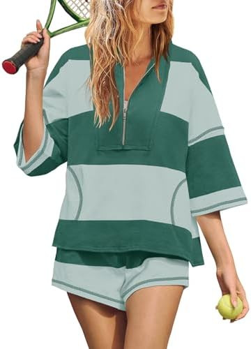 Yanekop Womens 2 Piece Outfits Summer Striped Lounge Set Two Piece Matching Workout Sets Oversize... | Amazon (US)