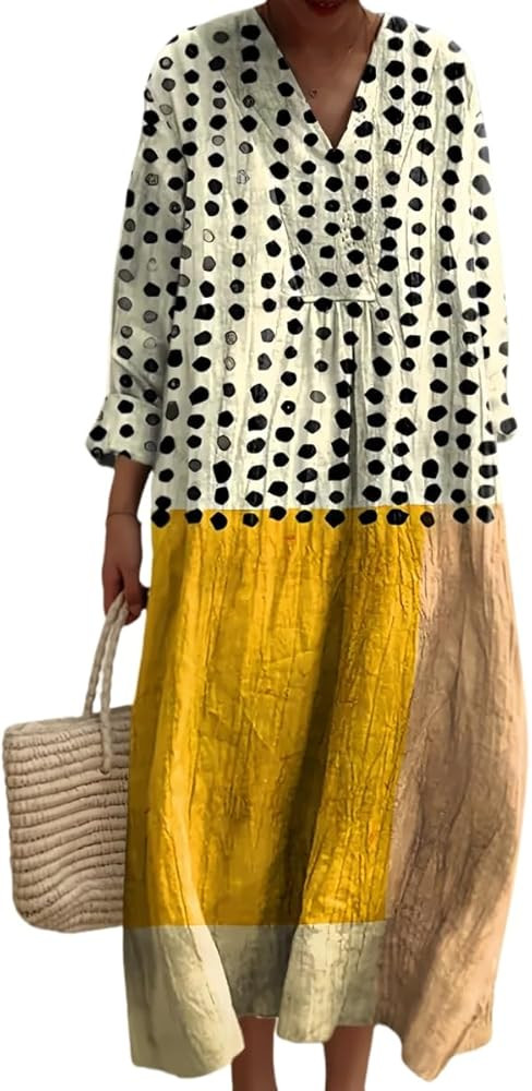 Women's Abstract Pattern Art Print Cotton V-Neck Beach Boho Long Dress | Amazon (US)