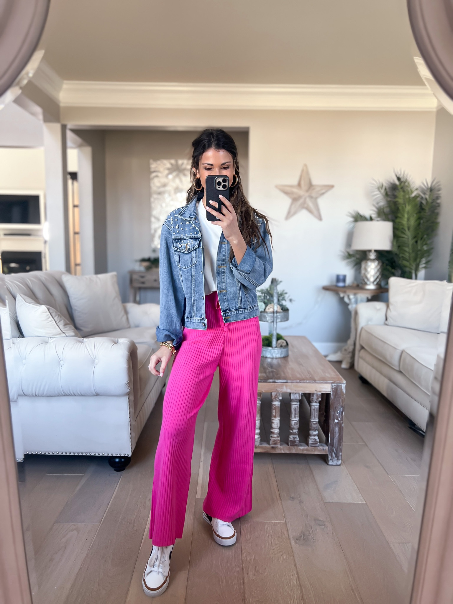 Denim jacket//xs//ribbed sweater pants//xs-s//size up if between//tee//small//Nikes//size up if between or wider foot///

#LTKsalealert #LTKunder50