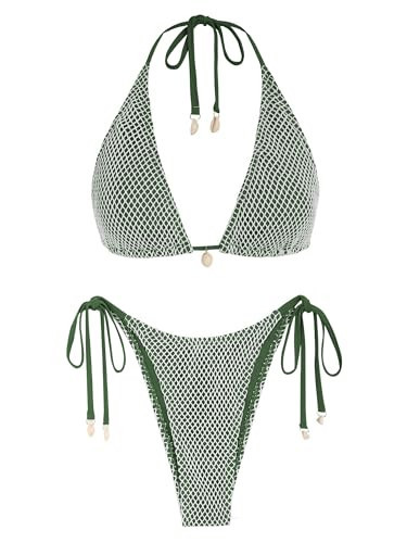 ZAFUL Women's Triangle Bikini Multiway Fishnet Tie Side Bandeau Halter String Bikini Set Two Piece Swimsuit Bathing Suits (1-Army Green, S) | Amazon (US)