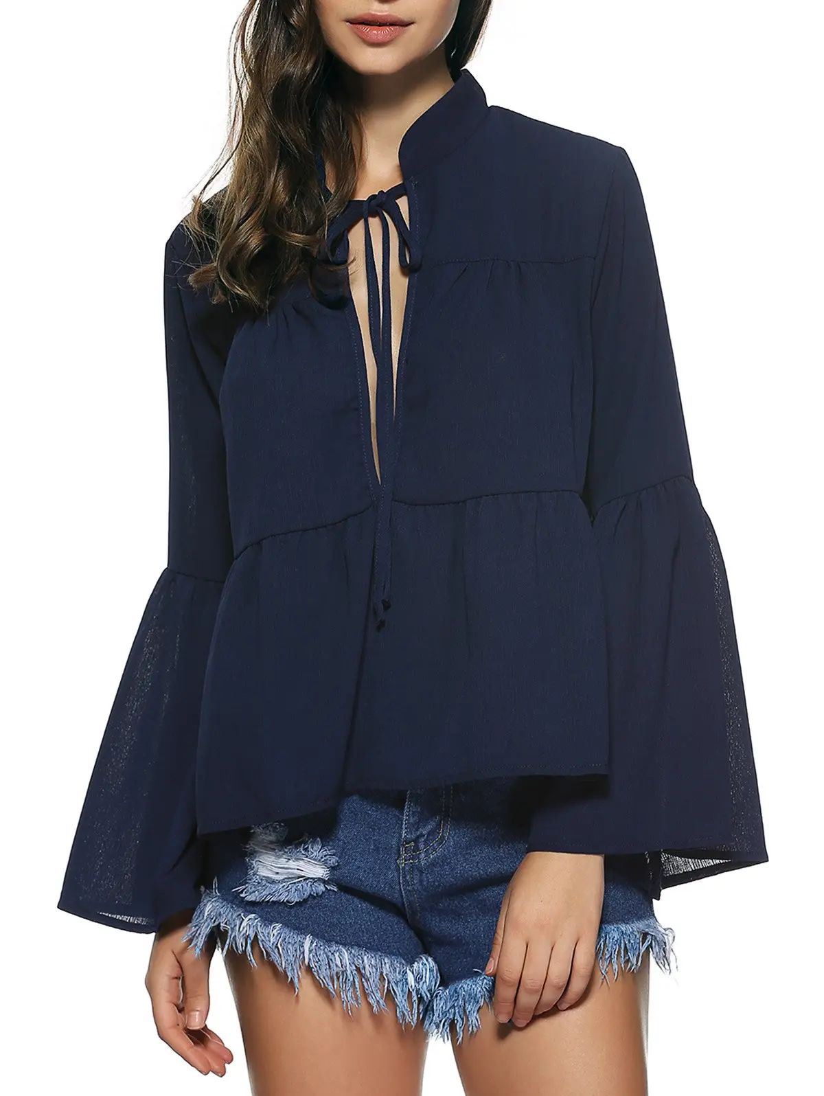 Bell Sleeves Lace Up Flounce Blouse | Rosegal US