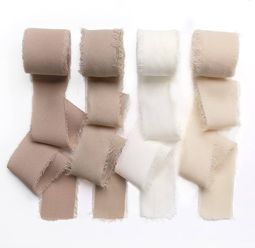 Handmade Fringe Chiffon Silk Ribbon 4 Rolls/1" x 5Yd Per Roll,Nude & Cream Frayed Edges Ribbons S... | Amazon (US)