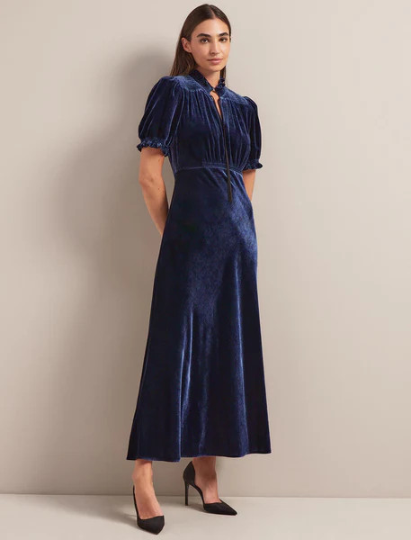 Irina Bias Cut Velvet Maxi Dress - Navy | Cefinn