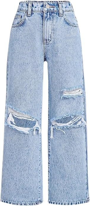 Baggy Jeans for Girls Wide Leg Ripped High Elastic Waisted Denim Pants Cute Summer Trousers Y2K S... | Amazon (US)