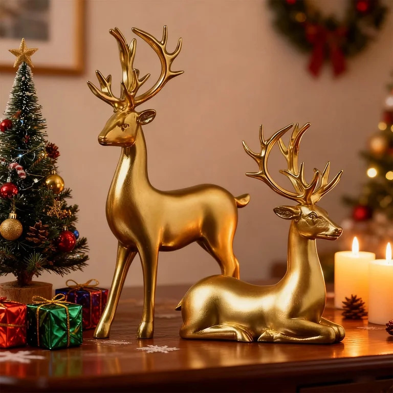 Loyerfyivos 2pcs Resin Reindeer Figurines for Christmas Decor Gold Tabletop Reindeer Statues Smal... | Walmart (US)