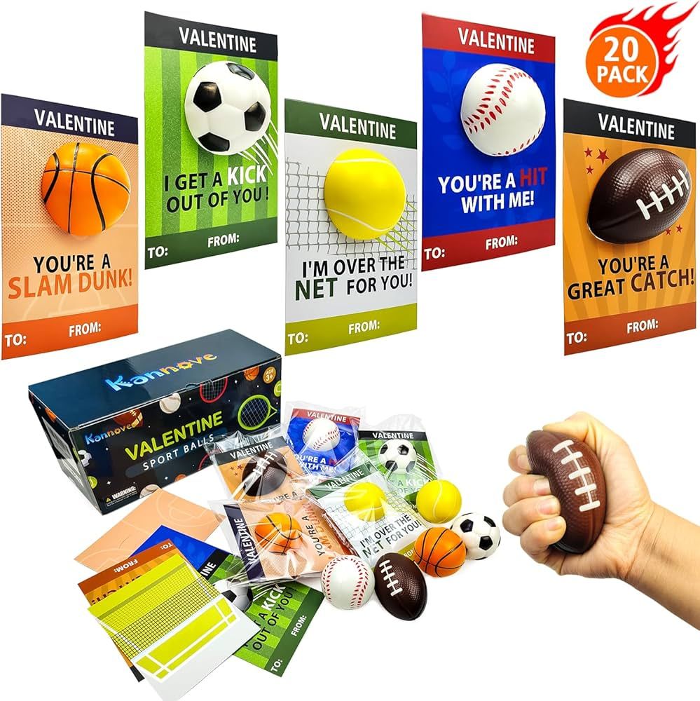 Kannove Valentines Day Sports Gifts Cards for Kids Classroom, 20 Pack Mini Foam Sport Ball Toys w... | Amazon (US)