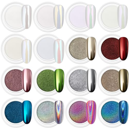Artdone 16Jars Chrome Nail Powder Magic White Pearl Kit Mirror Effect Silver Metallic Holographic Dip Nail Powder for Resin Craft & Nail Art Fimo, Decoration Iridescent Aurora Mermaid Pigment | Amazon (US)