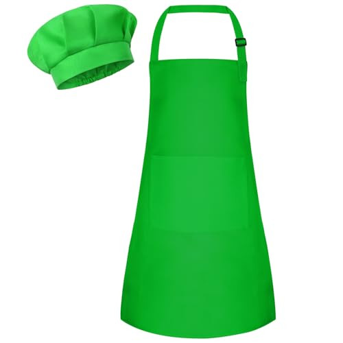 Bouiexye 1 Set Kids Apron and Chef Hat Set Children Apron Adjustable with 2 Pockets Children Chef Painting for Cooking Baking Painting Crafts Making (Green) | Amazon (US)