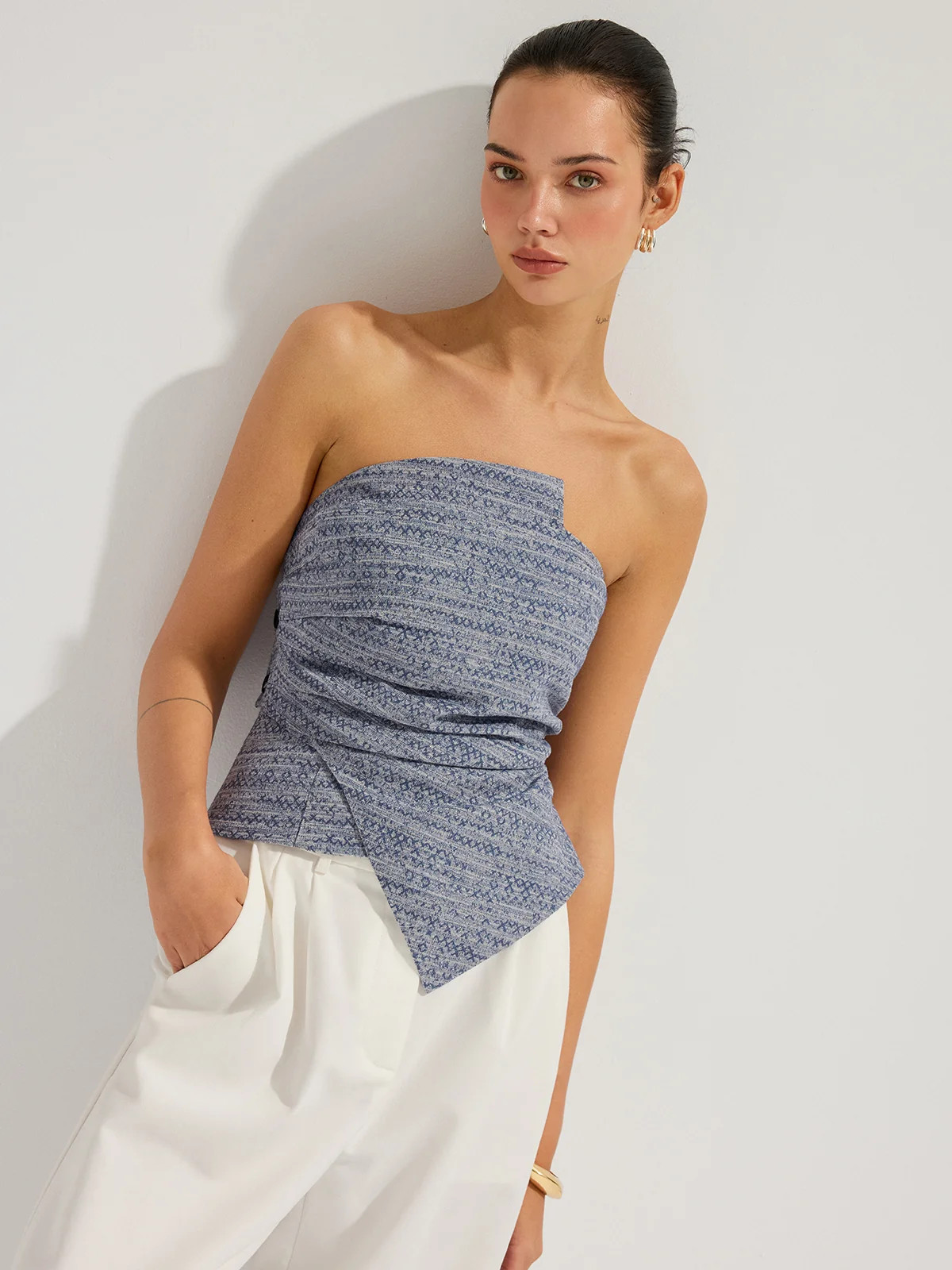 Geometric Print Strapless Ruched Top | Commense