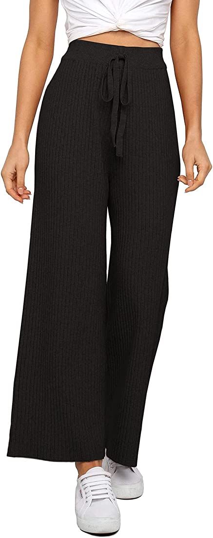 Amazon.com: Waitfairy Womens Solid Rib Knit Wide Leg Pants Elastic Waist Flowy Sweater Pants Blac... | Amazon (US)
