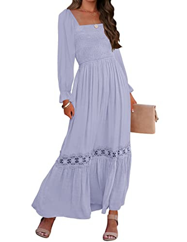 ZESICA Women's 2024 Boho Long Sleeve Square Neck Smocked High Waist Flowy A Line Lace Trim Maxi Dress | Amazon (US)