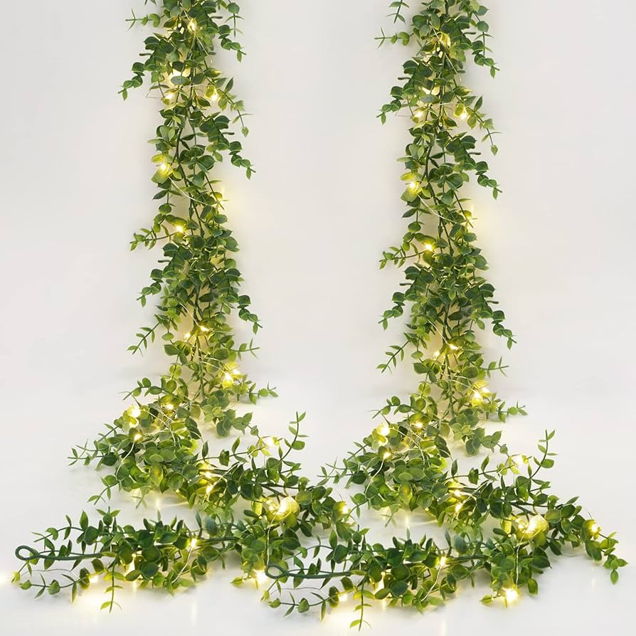 Dolicer 2 Packs Eucalyptus Garland with LED Lights String, 12Ft Faux Eucalyptus Greenery Garland,... | Amazon (US)