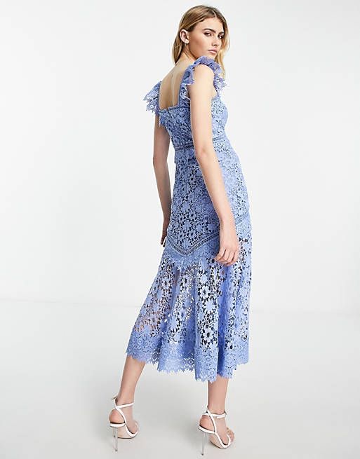 ASOS DESIGN Premium lace midi dress with ruffle detail in blue | ASOS (Global)