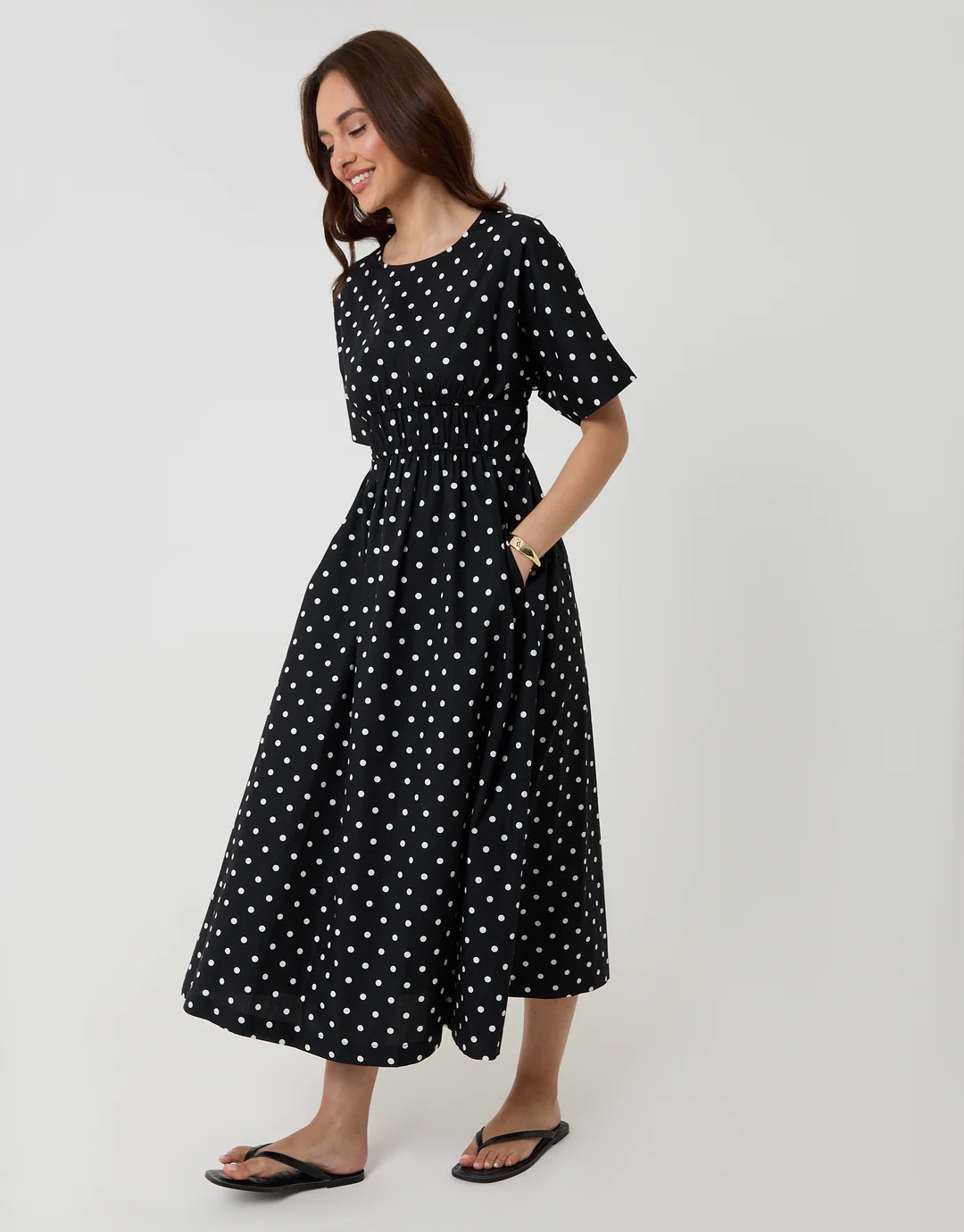 Black Polka Dot Elasticated Waist Cotton Poplin Midi Dress | Threadbare UK