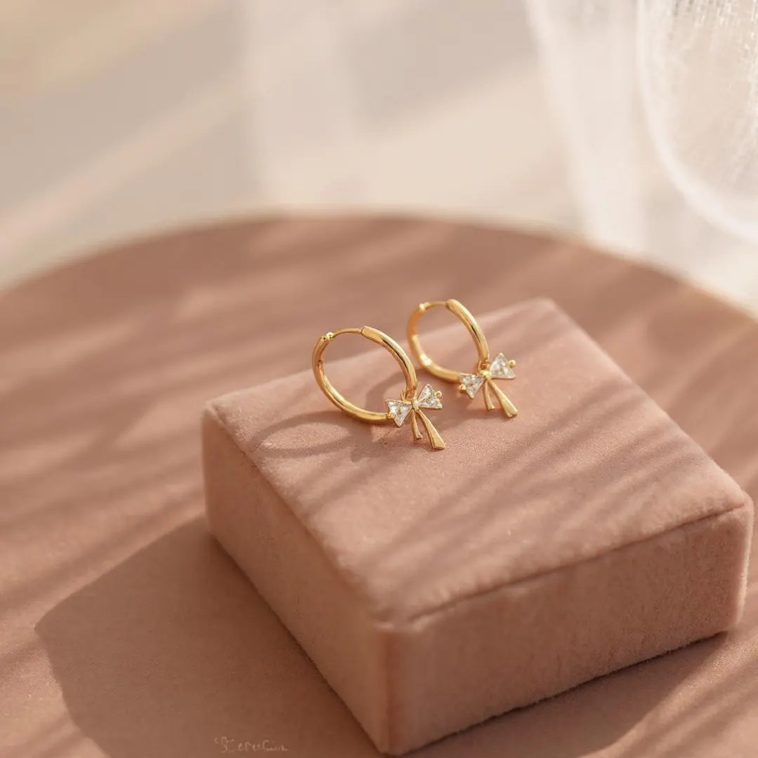 Ribbon Bow Huggie Earrings • Dainty Hoop Earrings for Women • Bow Dangle Earrings in Sterling... | Etsy (US)