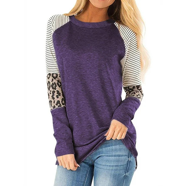 Women Crew Neck Long Sleeve Stripes Leopard Print Top - Walmart.com | Walmart (US)