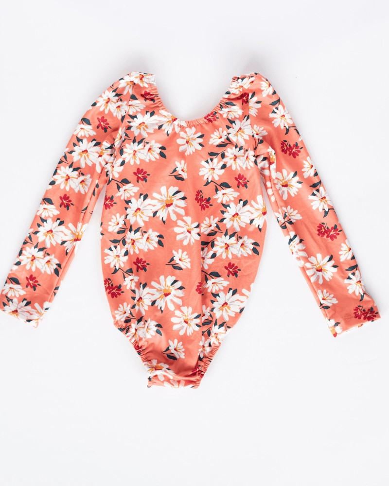 Livee Long Sleeve Leotard - Coral & White Floral | Bailey's Blossoms